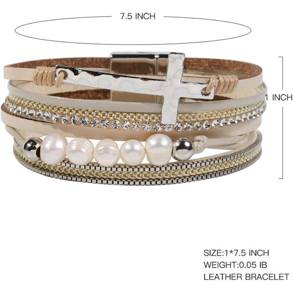 Sophisticated Multi-Layer Leather Bracelet with Cross for Fashionable Women - Picture 5 of 7